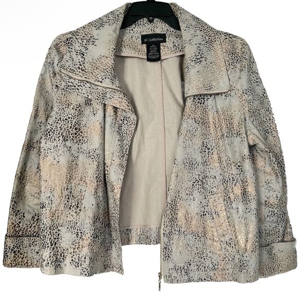 SC Collection Beige Gold Blue Linen Animal Print Jacket Metallic Zipper Size 14 - Picture 2 of 10